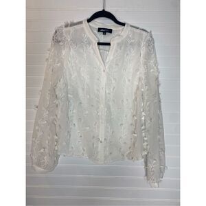 Alice Blue White Banded Sleeve Embroidered Button Down Blouse Women’s Size XL